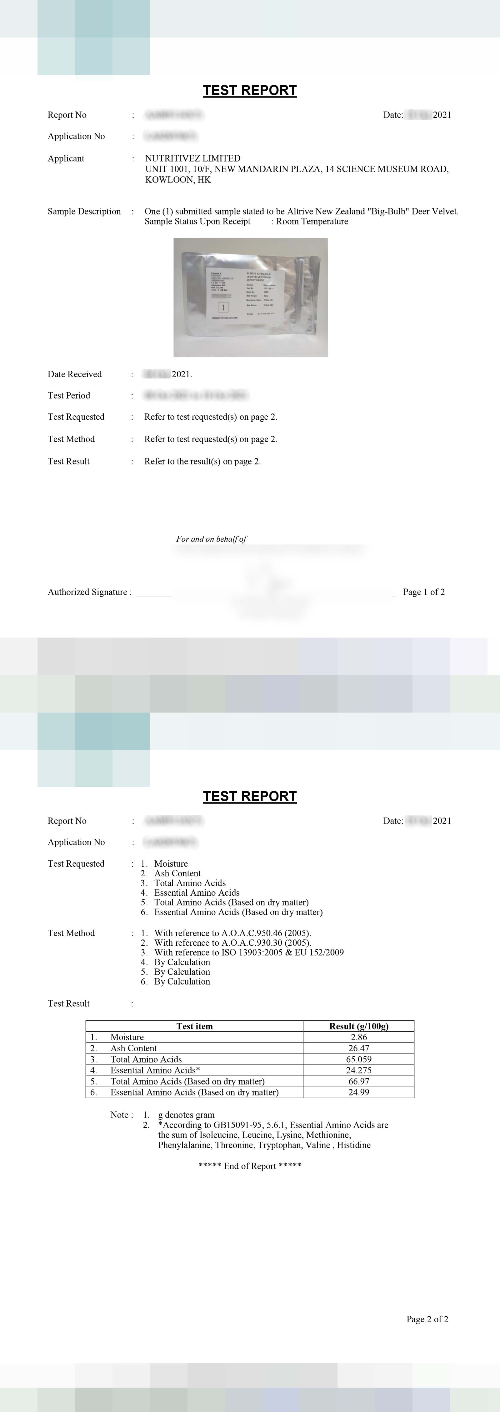 Amino Acids Test Report NutritiveZ™ Lifeforce DVA - NZ Big Bulb Deer Velvet - Page 1