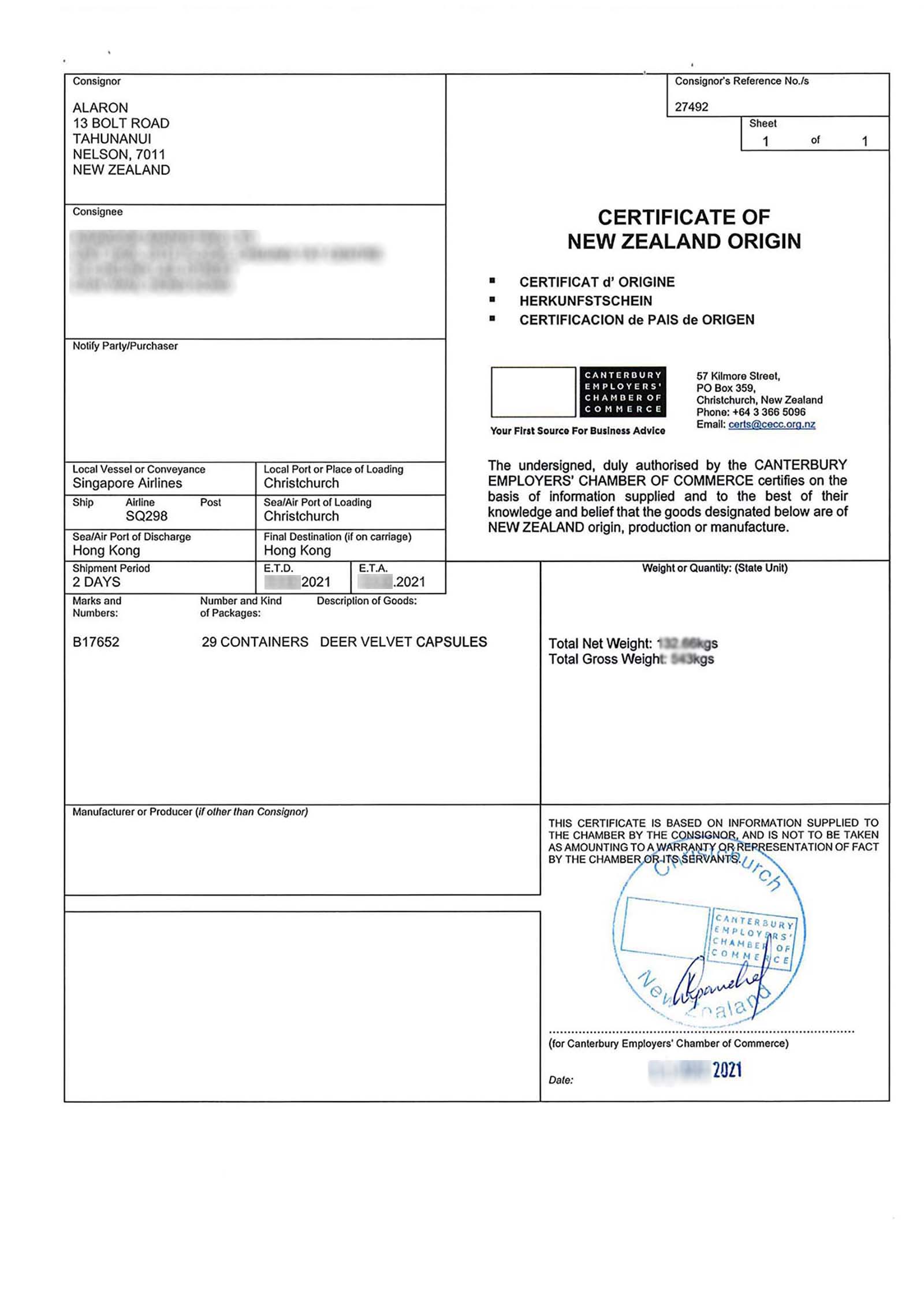Certificate of New Zealand Origin for NutritiveZ™ LIFEFORCE DVA + AX Capsules