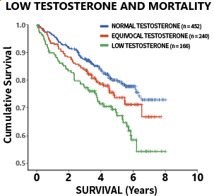 Scientific Research results show that low testosterone level is associated with increased mortality rate in men. The mortality rate (death rate) of the low-testosterone group is 88% higher than that of the normal-testosterone group.